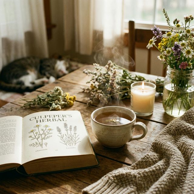 Té y libro de botánica